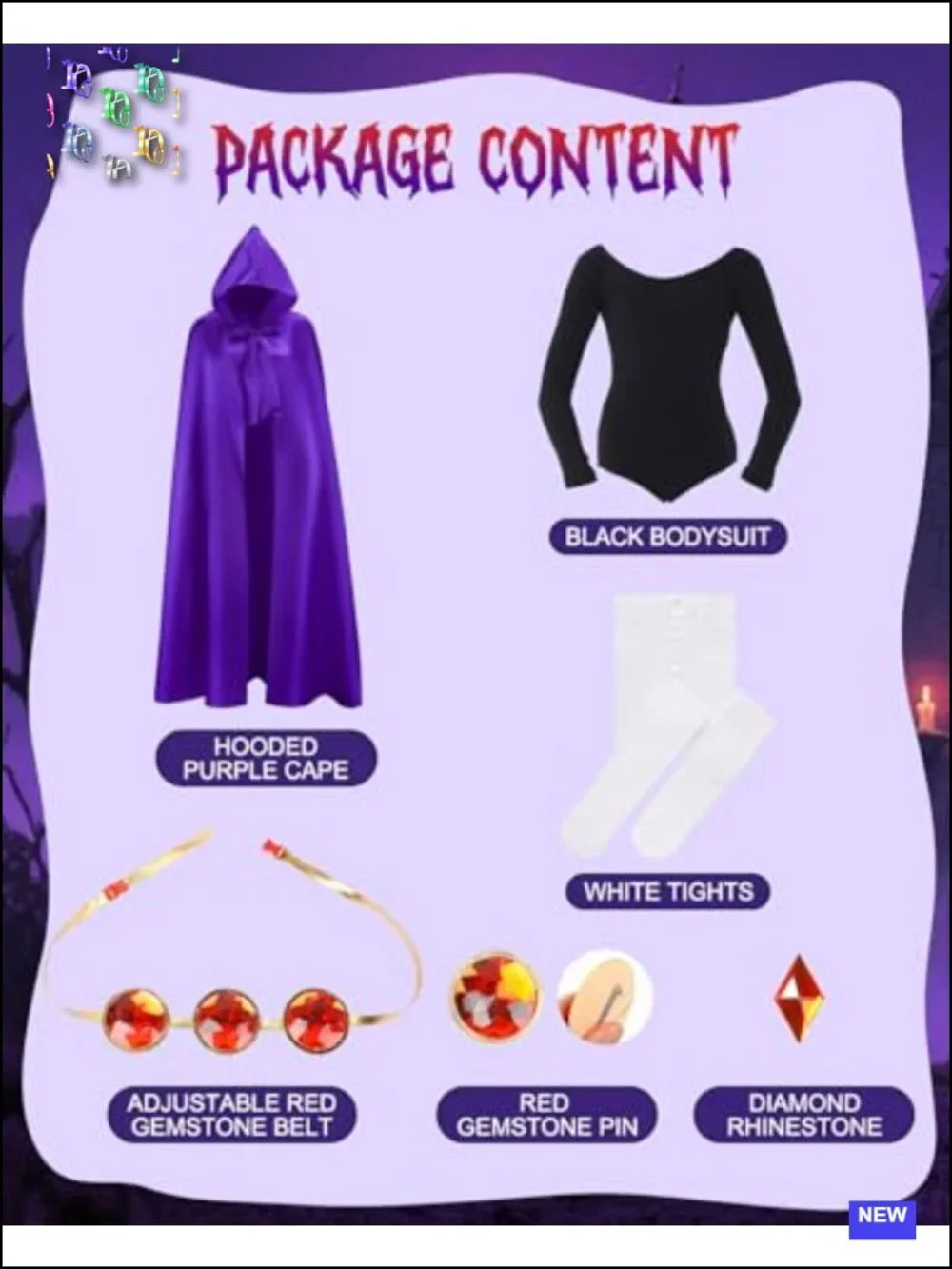 Kids Halloween Costume Purple Cape Jumpsuit Tights Gem Belt